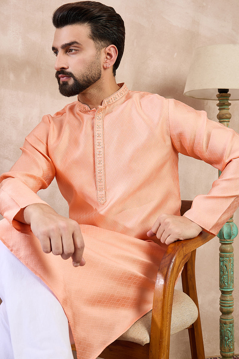 Peach Silk Blend Solid Embroidered Straight Kurta