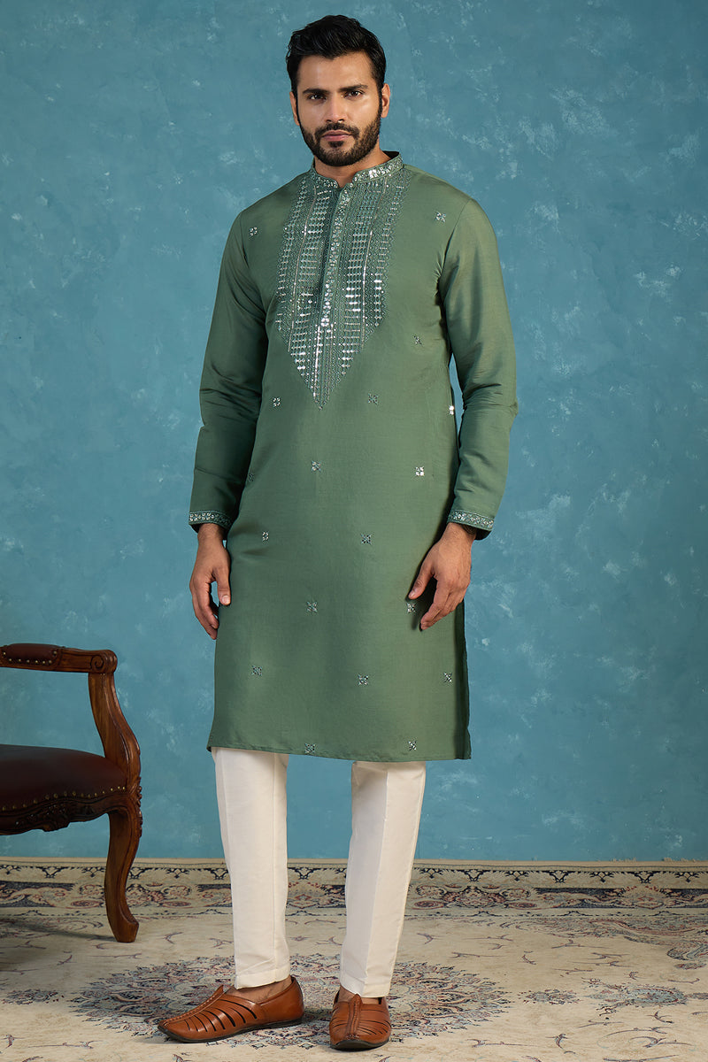 Mens Green Silk Blend Solid Emboidered Sequins Kurta
