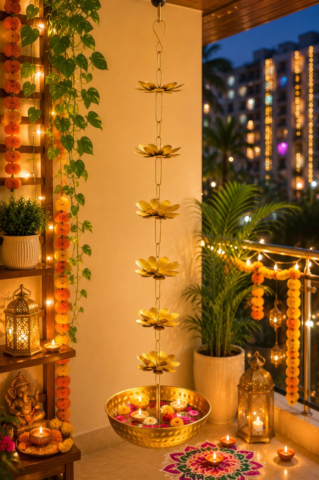 premium hanging lotus urli bowl with decorative flower chain handcrafted metal floating flower bowl for water candles tea lights hanging urli for diwali pooja wedding home decor