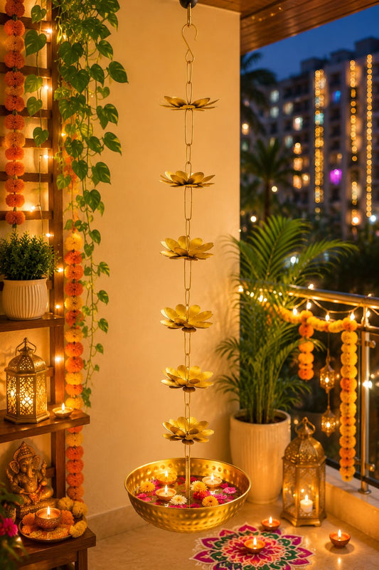 premium hanging lotus urli bowl with decorative flower chain handcrafted metal floating flower bowl for water candles tea lights hanging urli for diwali pooja wedding home decor