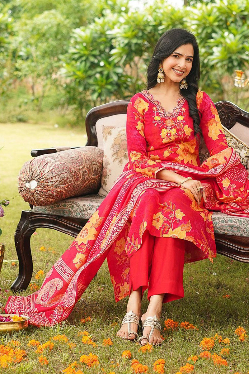 red viscose rayon floral embroidered straight kurta trousers with dupatta 