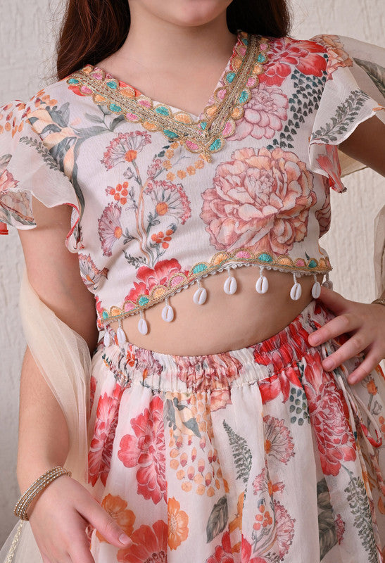 Indi Loom Couture Girls Off White Floral Printed Lehenga Choli with Dupatta ILLCD32