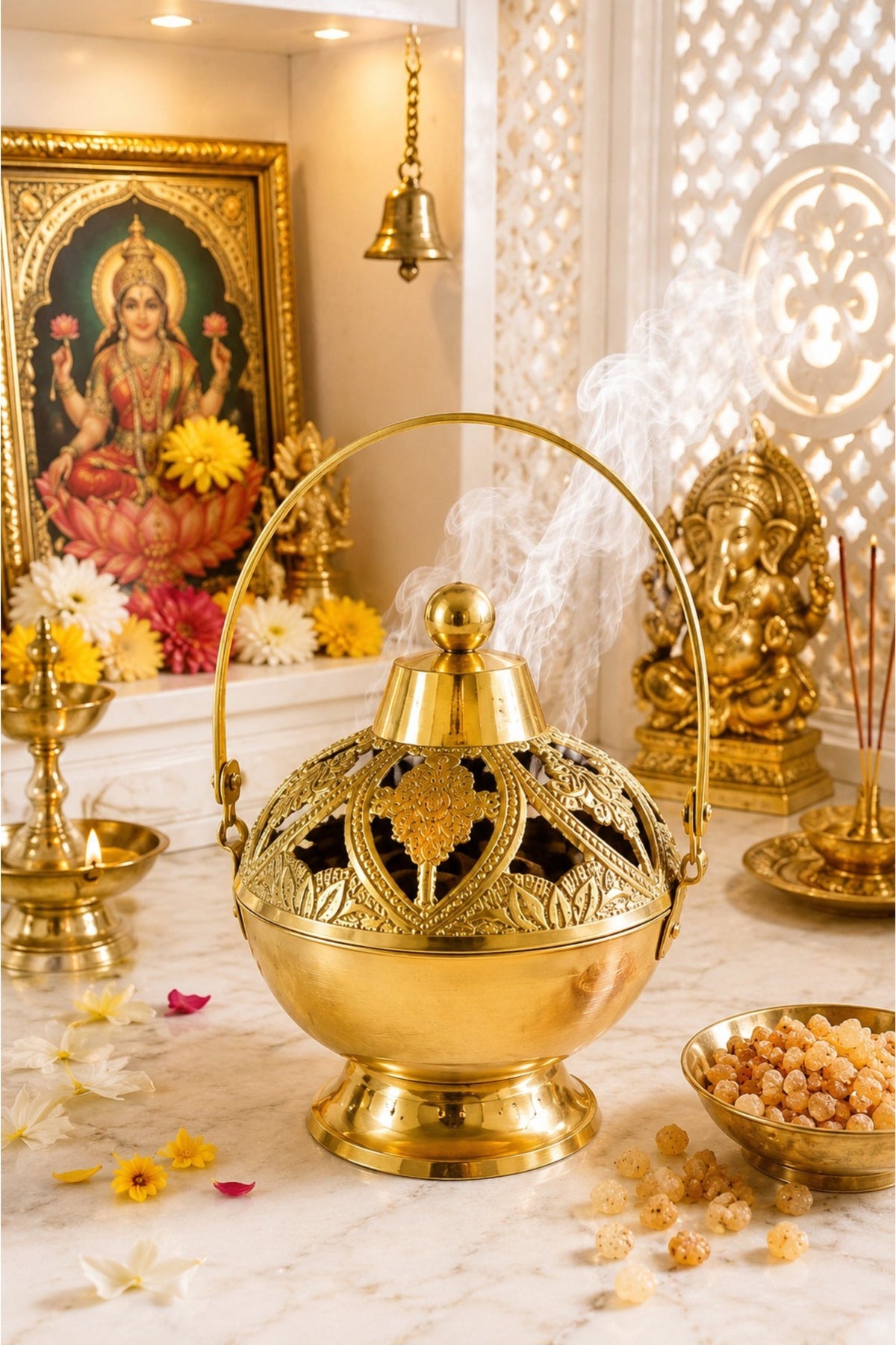 premium brass metal incense burner with handle handcrafted dhoop dani for sambrani loban dhoop cups resin incense decorative smoke diffuser for home temple pooja room