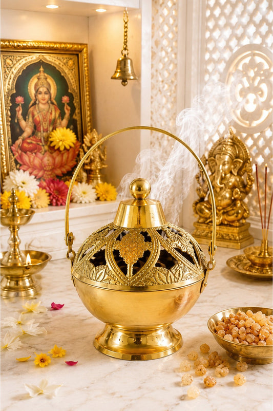premium brass metal incense burner with handle handcrafted dhoop dani for sambrani loban dhoop cups resin incense decorative smoke diffuser for home temple pooja room