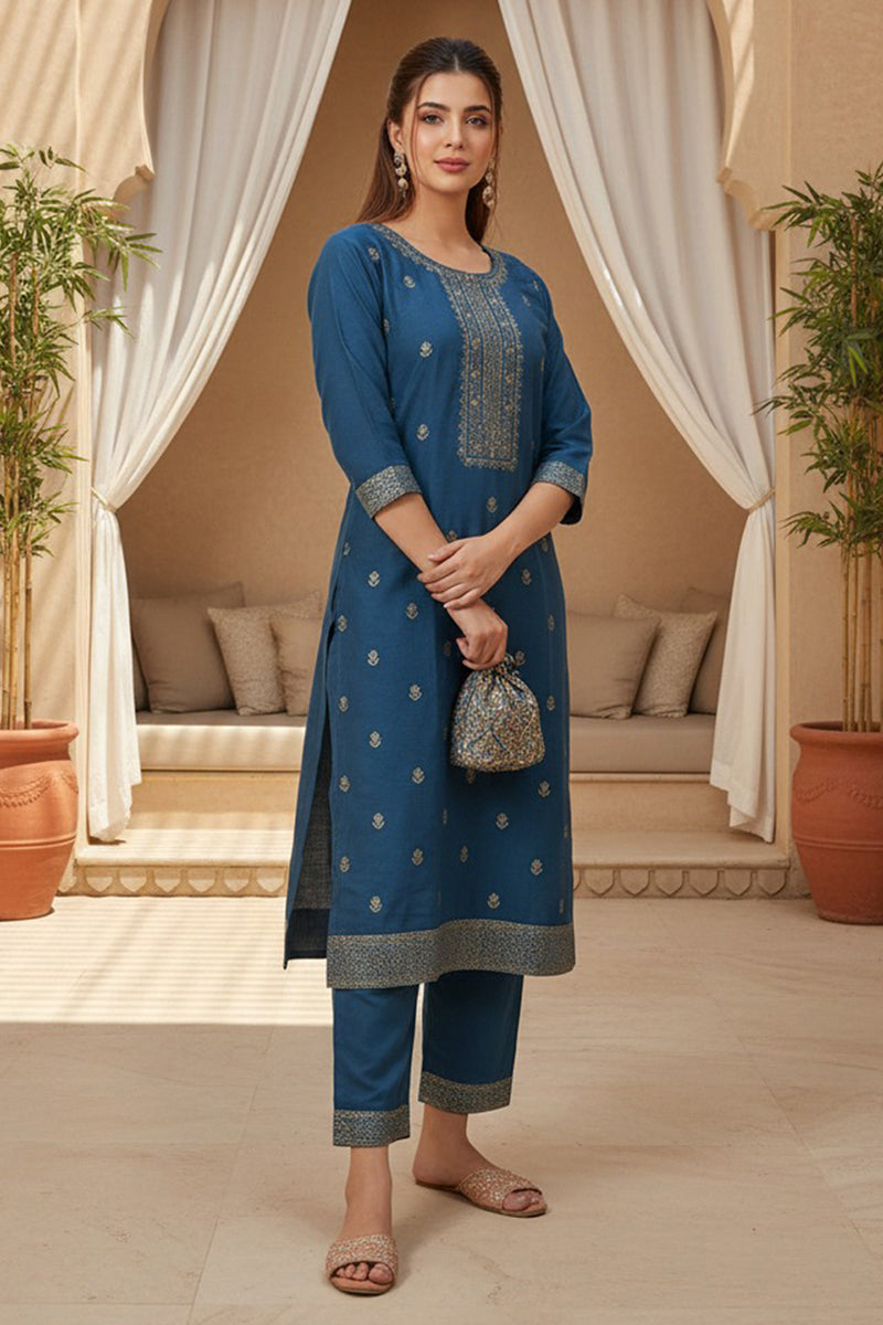 blue silk blend ethnic motifs stoning straight kurta trouser with dupatta