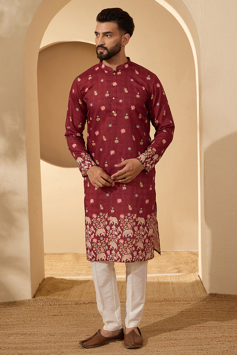 ethnic-bay-mens-maroon-silk-blend-woven-design-calf-length-straight-regular-kurta-with-trouser-mkset2368