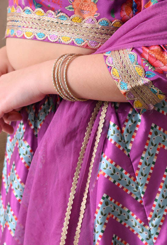 Indi Loom Couture Girls Purple Printed Lehenga Choli with Dupatta ILLCD31