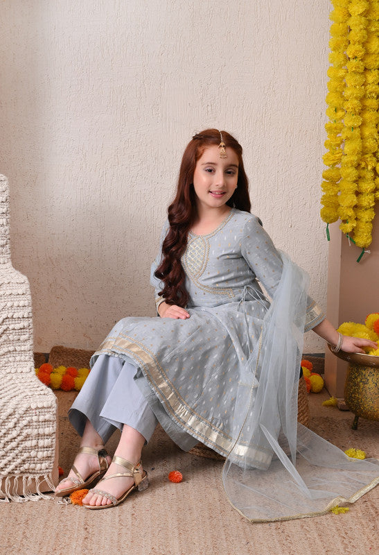 Indi Loom Couture Girls Blue Embellished Anarkali Kurta with Solid Pants & Dupatta Set ILKSD44