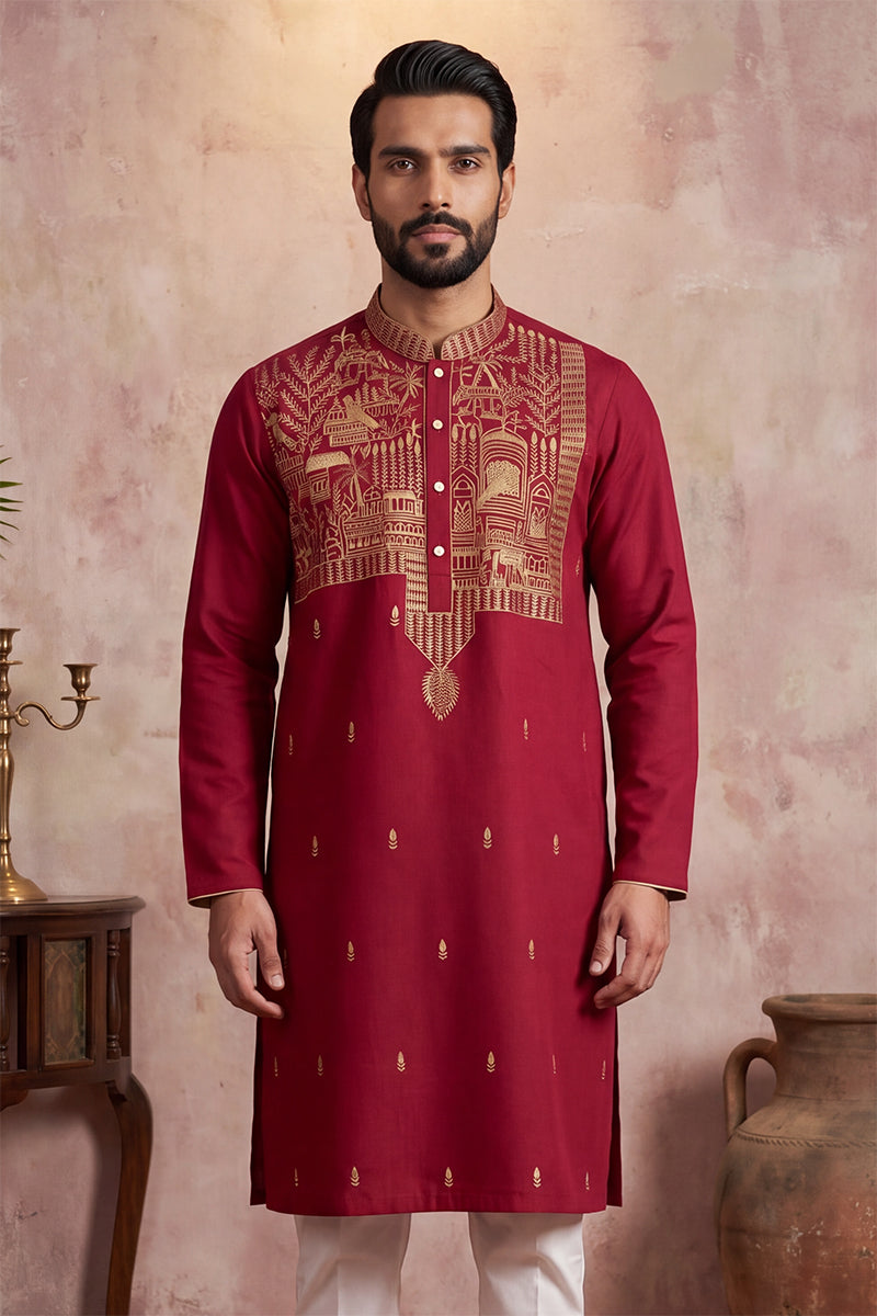Mens Red Silk Blend Solid Emboidered Straight Kurta With Trouser