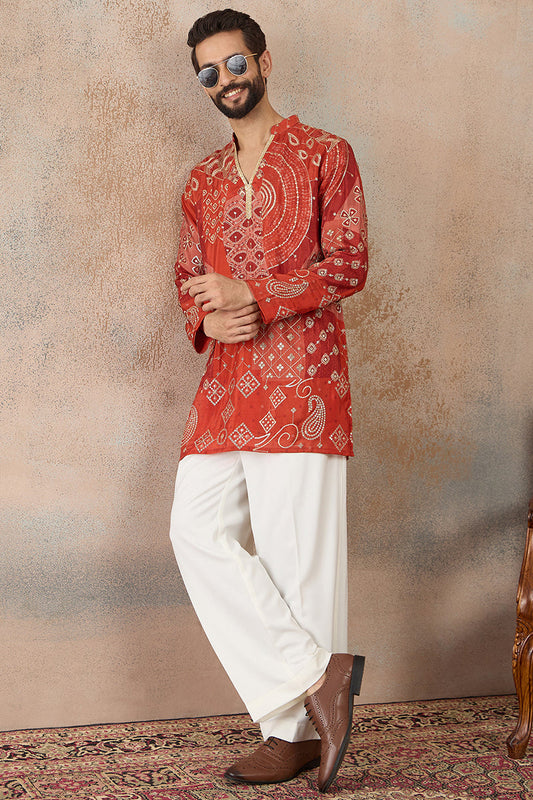 Mens Orange Modal Ethnic Motifs Printed Kurta