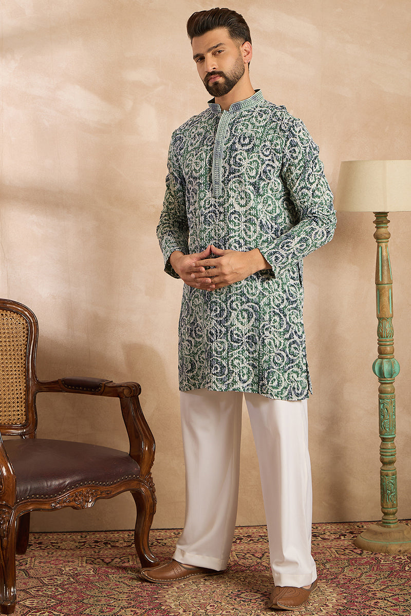 Green Viscose Rayon Batik Embroidered Straight Kurta