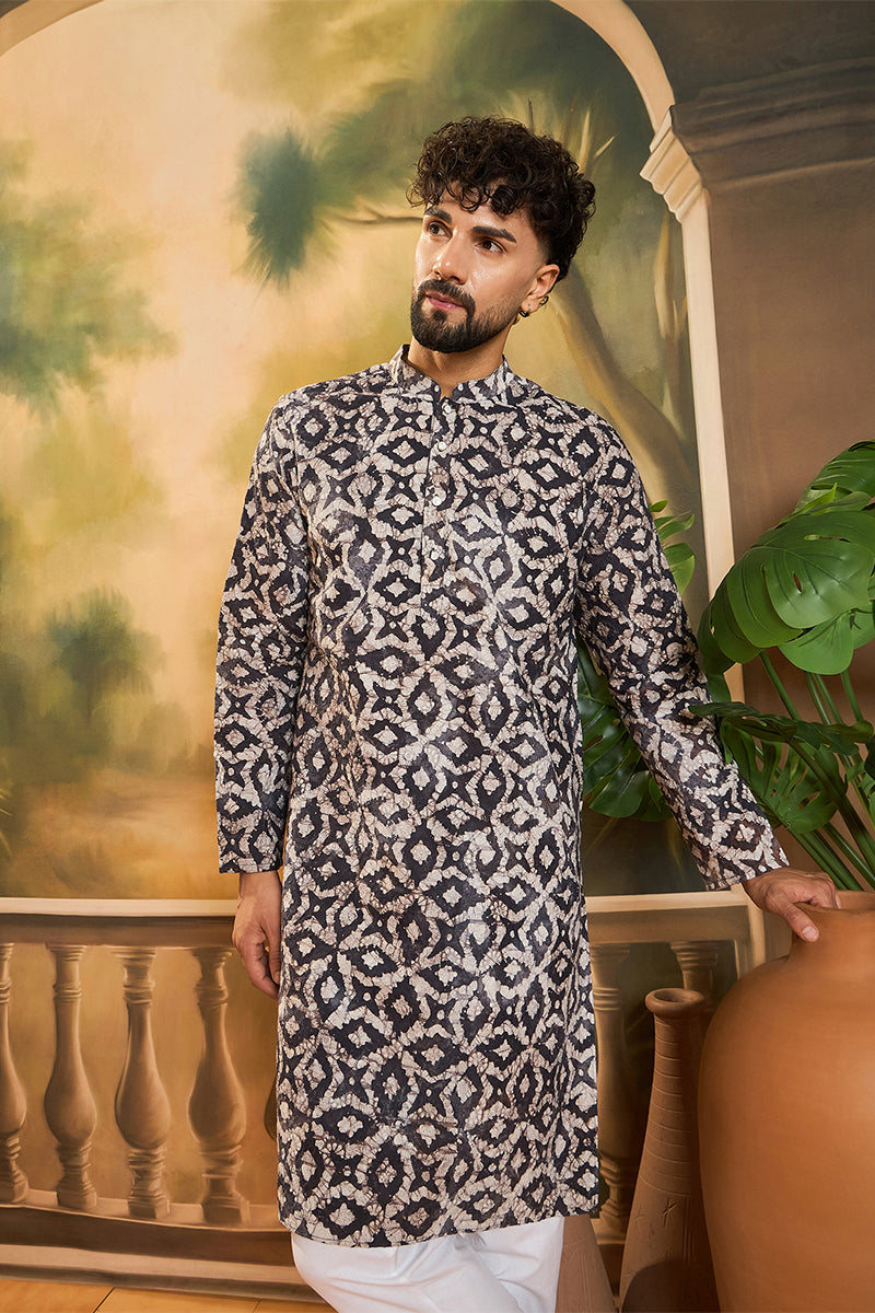 blue pure cotton batik embroidered straight kurta with trouser