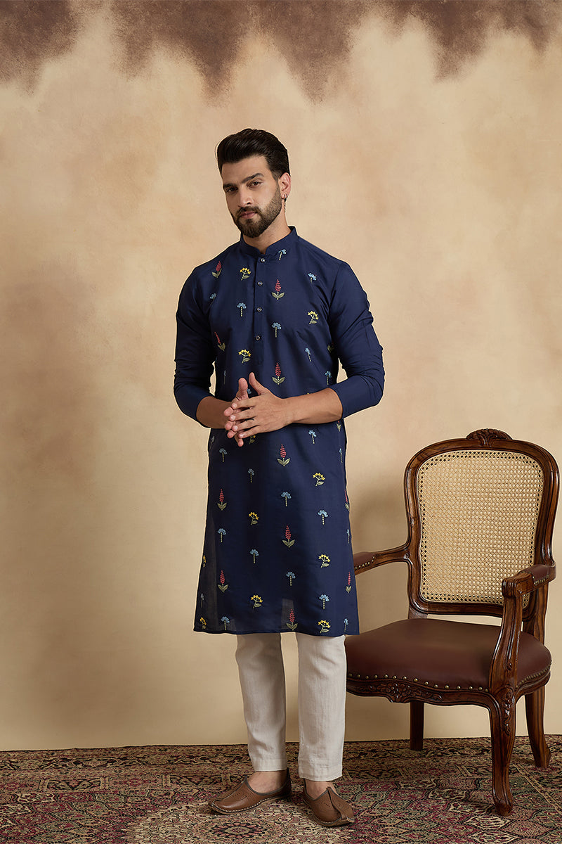 Mens Navy Blue Silk Blend Solid Embroidered Thread Work Kurta