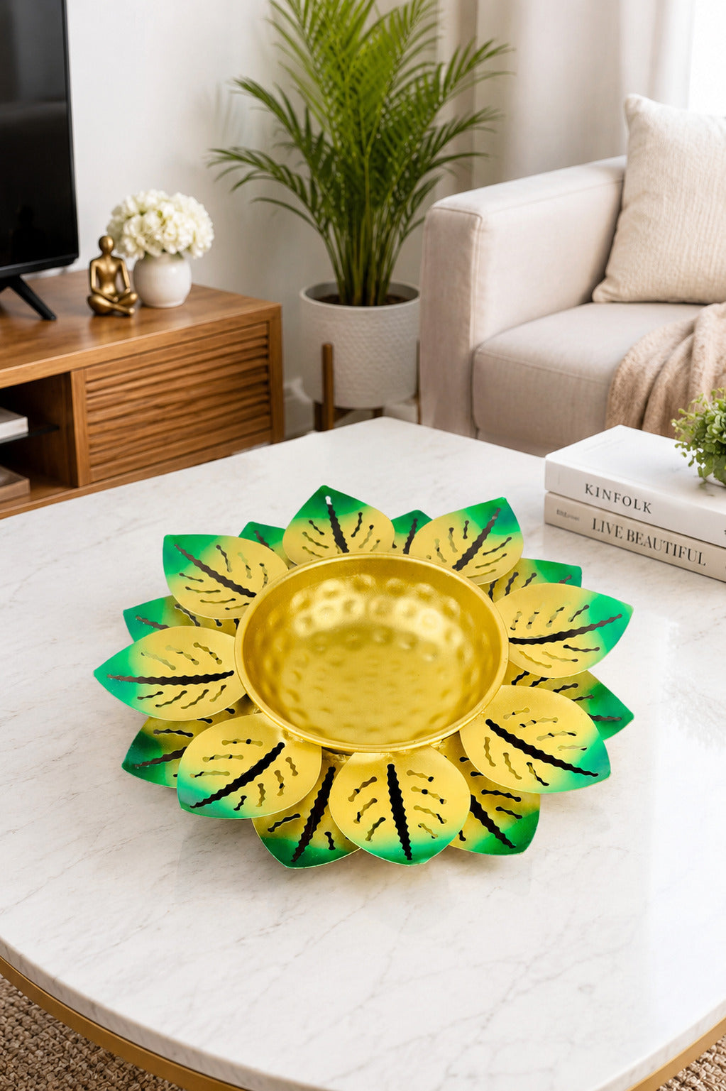 decorative lotus metal urli bowl set for floating flowers candles designer festival home decor set of 3 green gold copy
