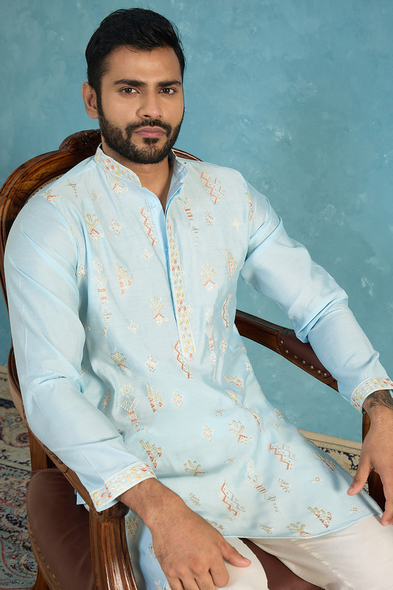 Silk Blend Blue Solid Embroidered Calf Length Straight Kurta With Trousers