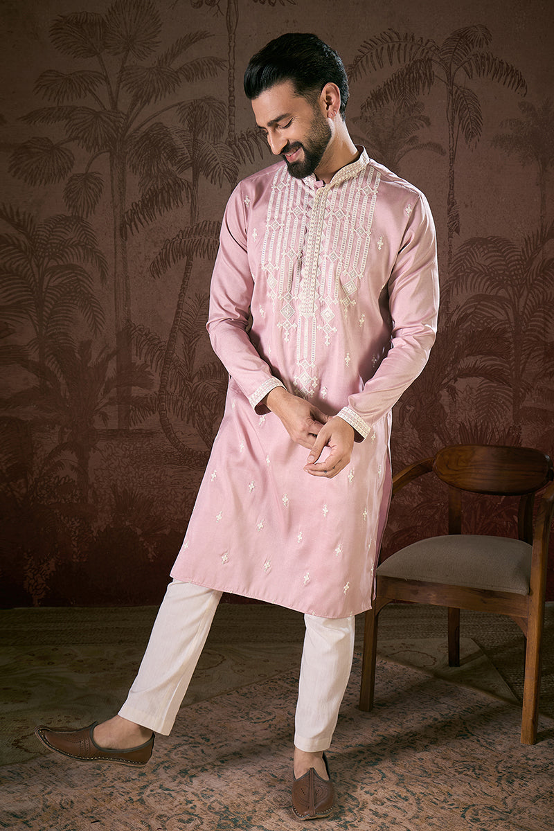 Pink Silk Blend Solid Embroidered Straight Kurta With Trouser
