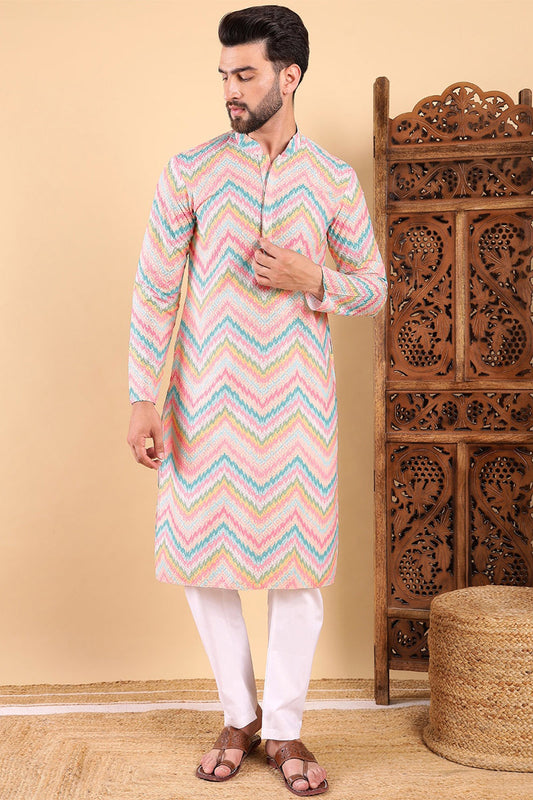 teal viscose rayon chevron embroidered straight kurta for men