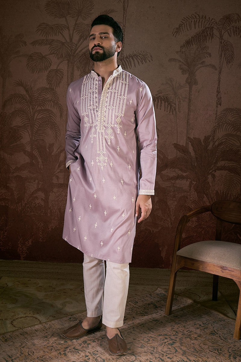 Lavender Silk Blend Solid Embroidered Straight Kurta