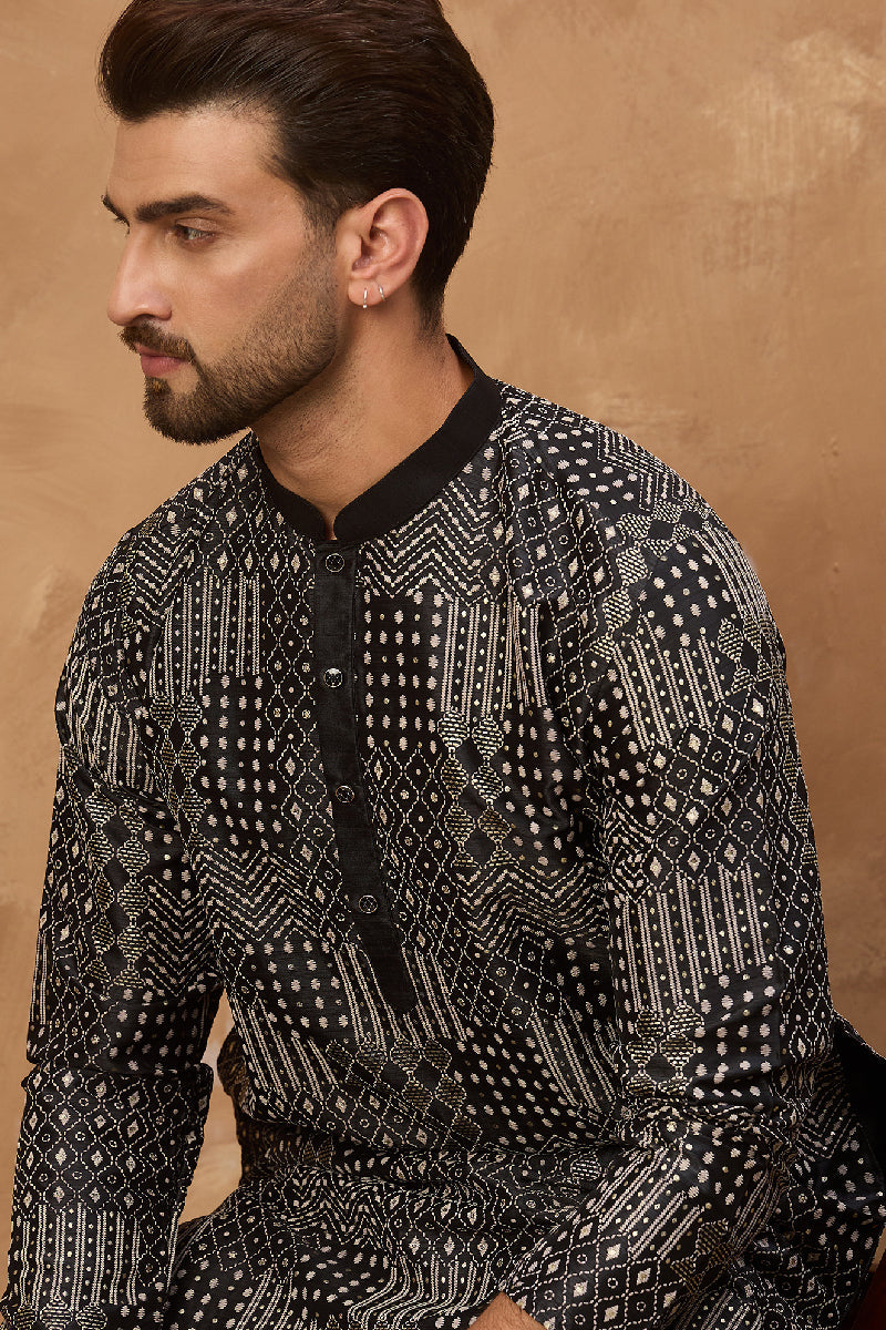 black silk blend geometric printed straight kurta