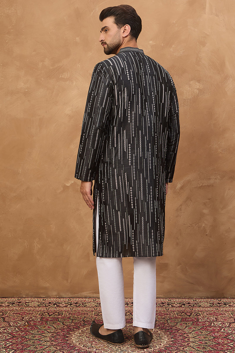 black silk blend geometric printed straight kurta