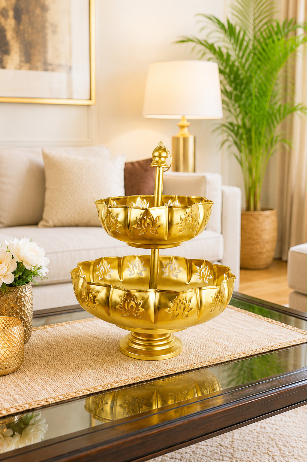 premium dual layer metal urli bowl 2 tier decorative floating flower urli for water candles tea lights traditional pooja urli for diwali wedding home festive decoration