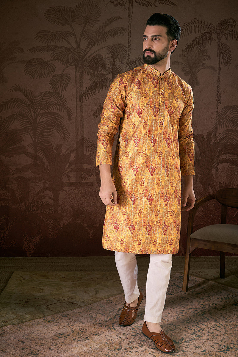 Mustard Silk Blend Ethnic Motifs Printed Straight Kurta