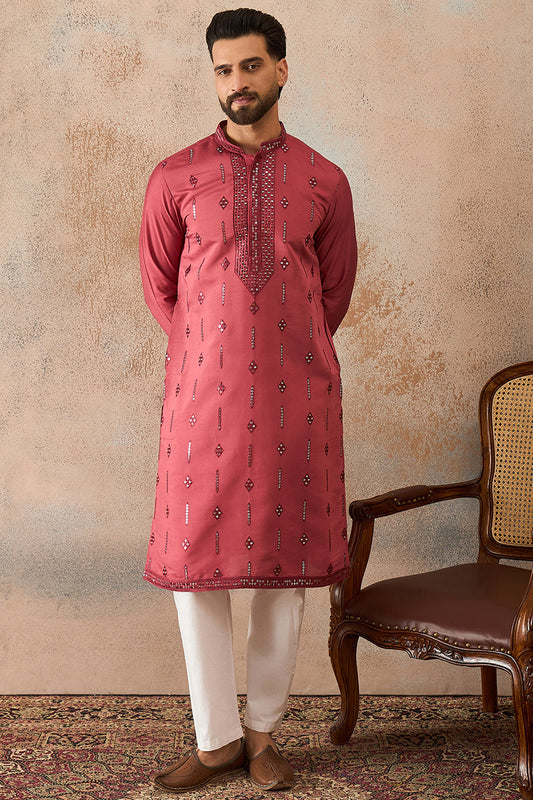Mens Pink Silk Blend Solid Embroidered Sequins Kurta