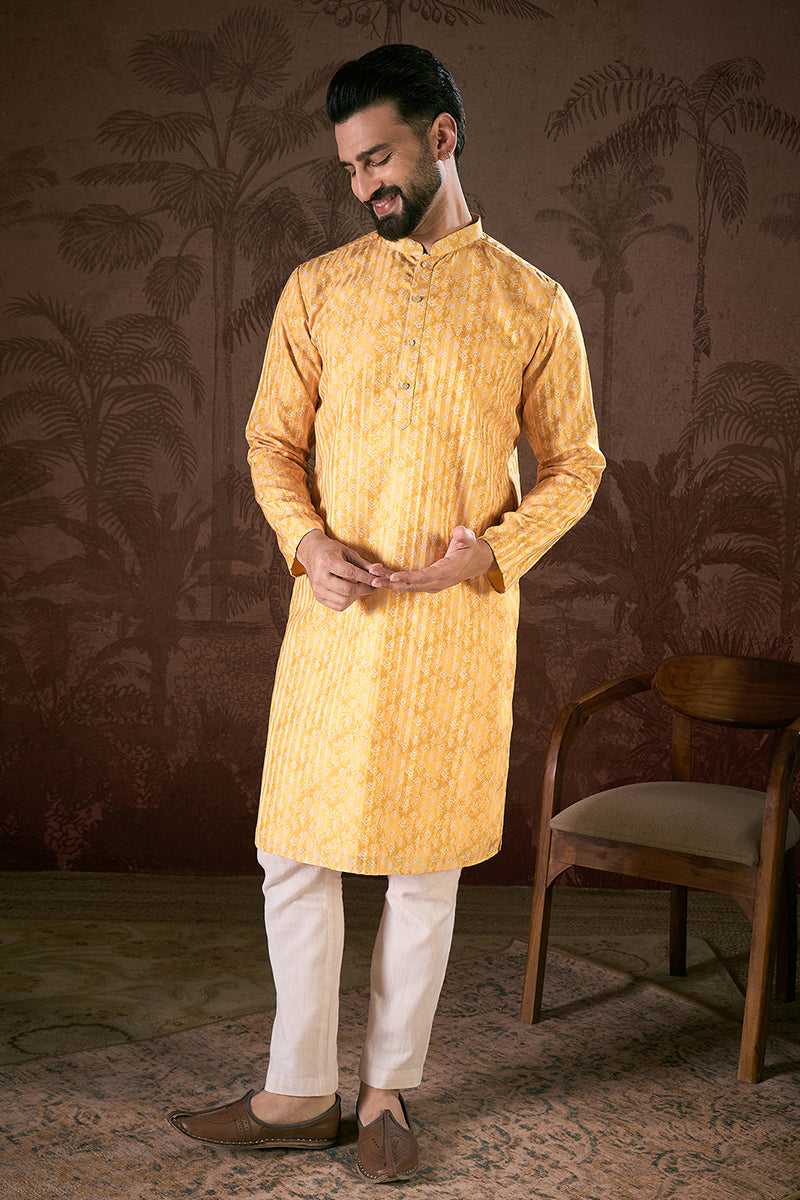 Yellow Silk Blend Ethnic Motifs Printed Straight Kurta With Trouser