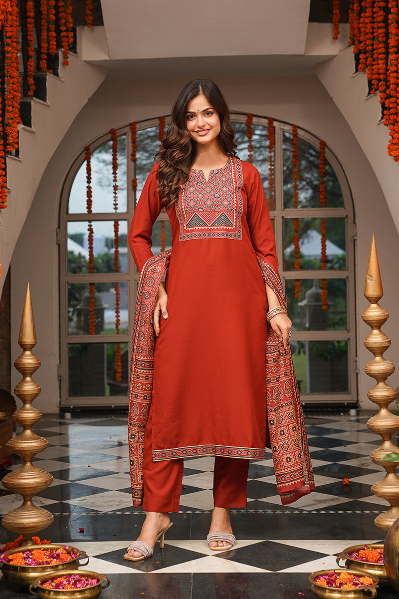 brown rayon blend ajrakh printed straight kurta trousers with dupatta 