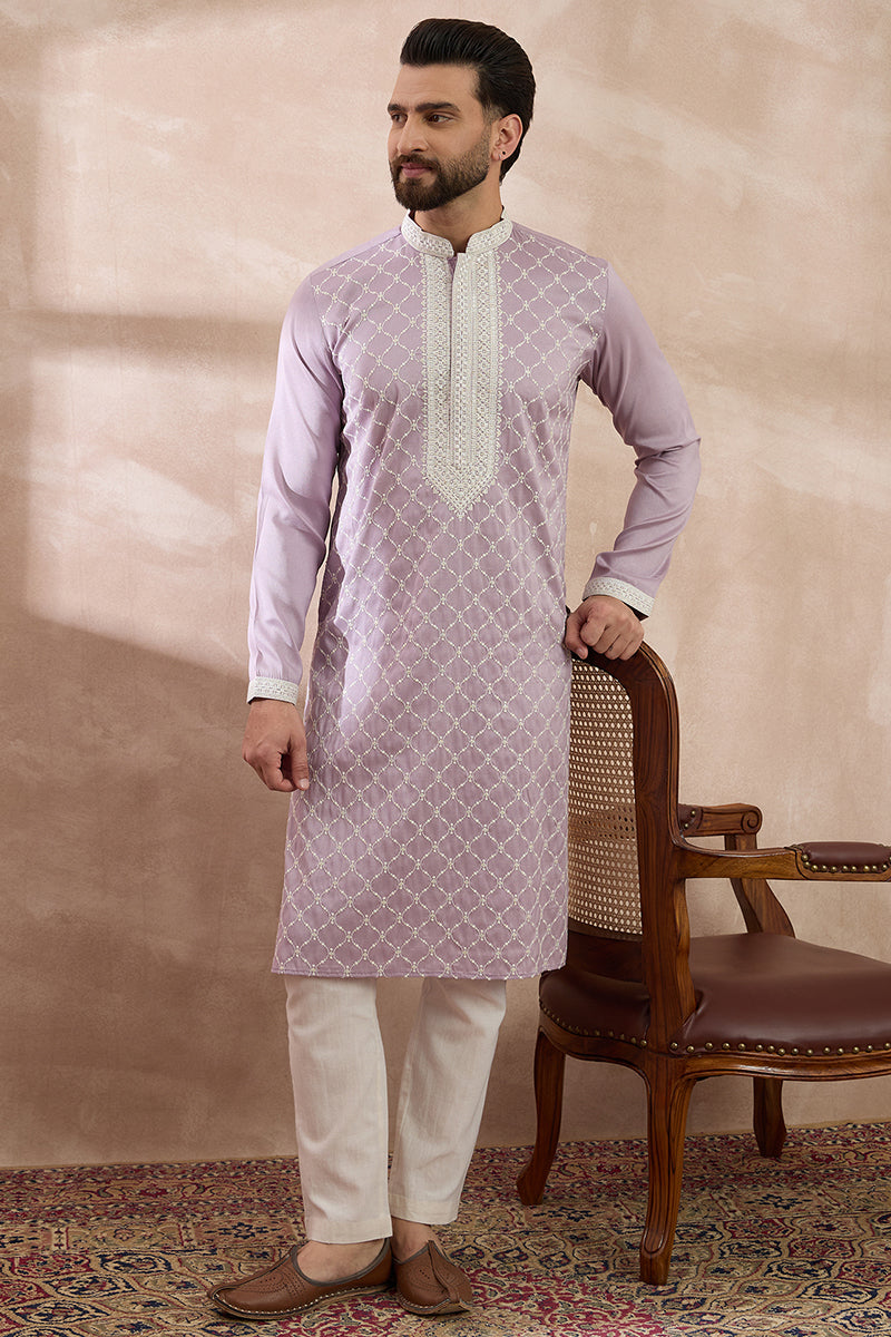 Lavender Silk Blend Embroidered Mandarin Collar Straight Kurta
