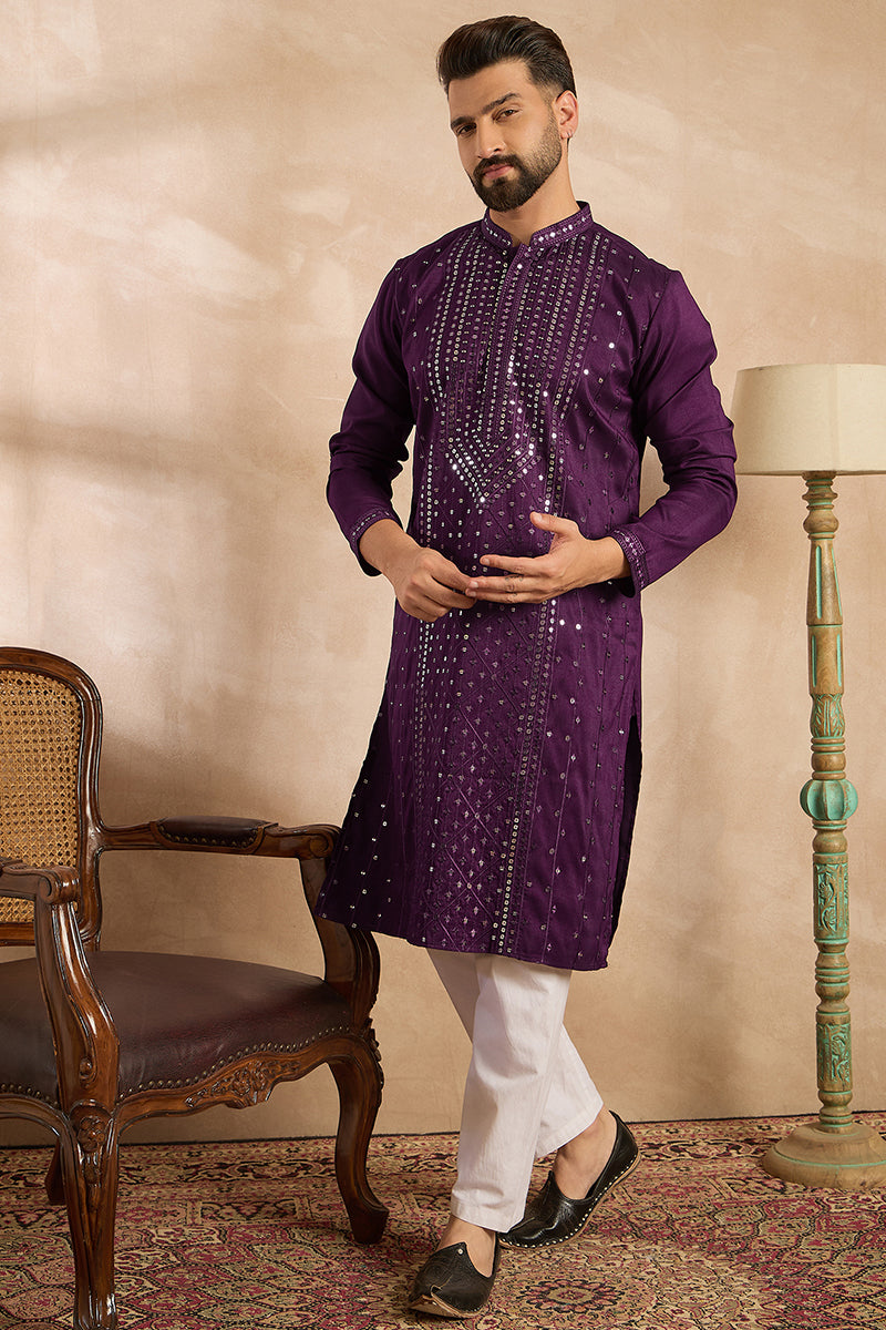 Purple Silk Blend Geometric Embroidered Straight Kurta With Trouser