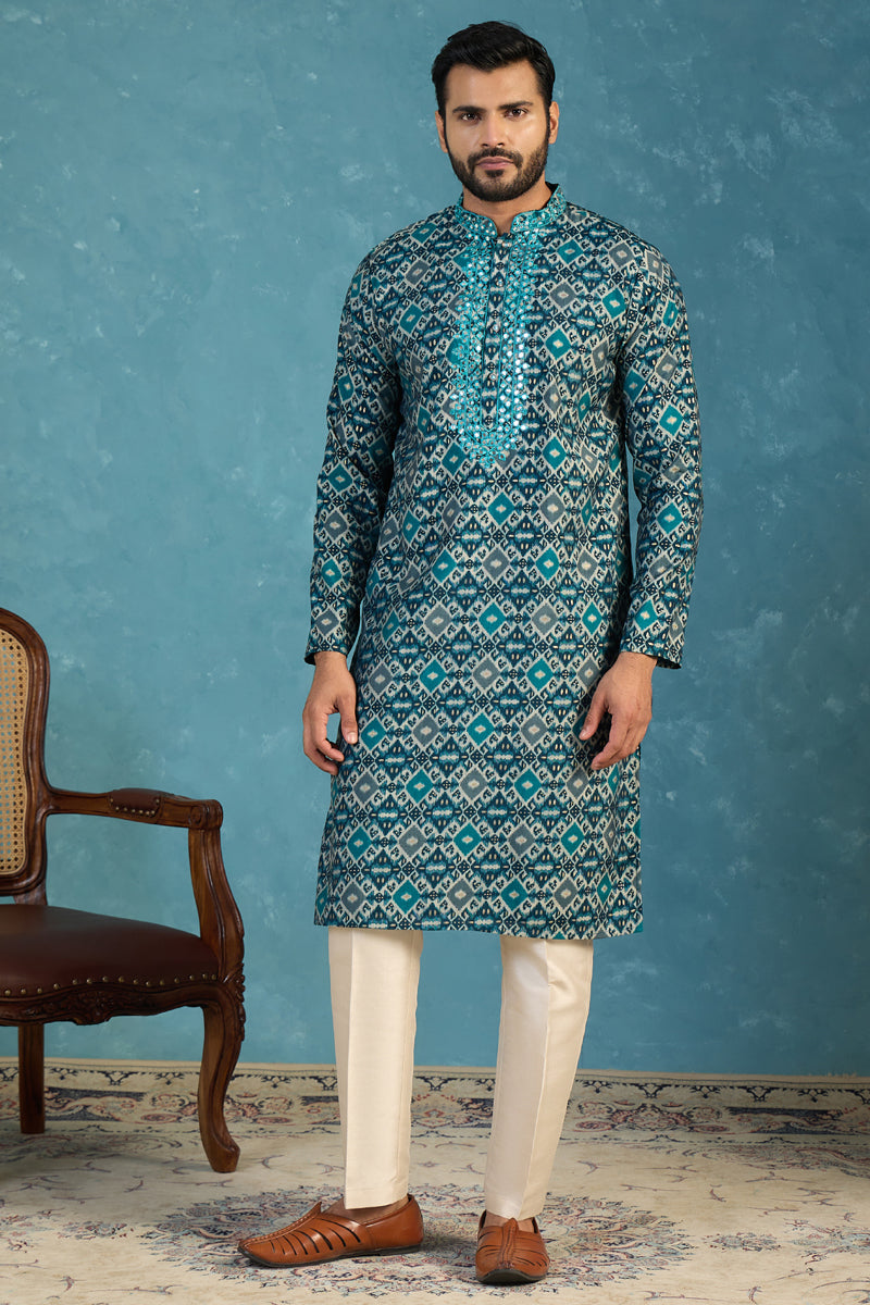 Mens Sea Green Silk Blend Ethnic Motifs Ikat Printed Kurta