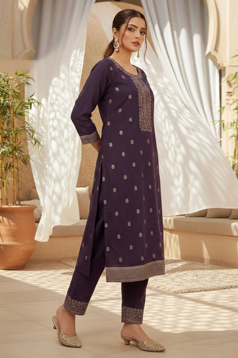 purple silk blend ethnic motifs stoning straight kurta trouser with dupatta