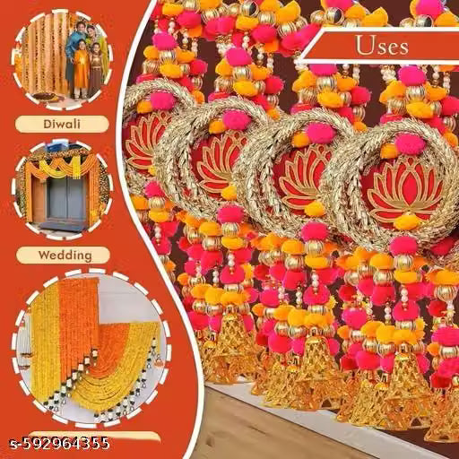 Wall Decore 5pcs Multicolor 20 Inches Mdf Lotus Pom Pom And Bell For Diwali Decoration,Home Decor, Gifts Items