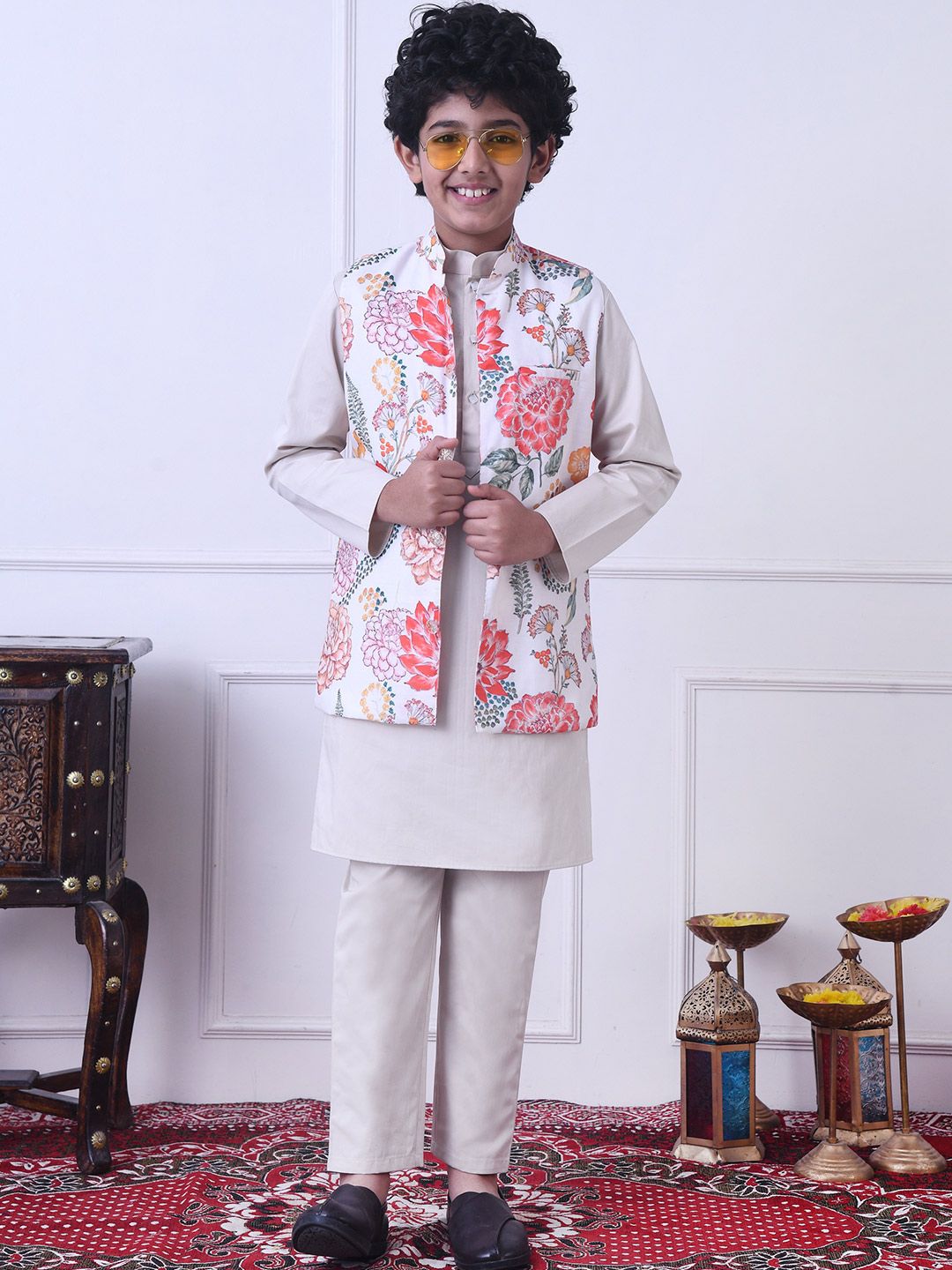 Indi Loom Couture Boys Off White Kurta with Floral Printed Jacket & Pyjama Set ILBKSJ21