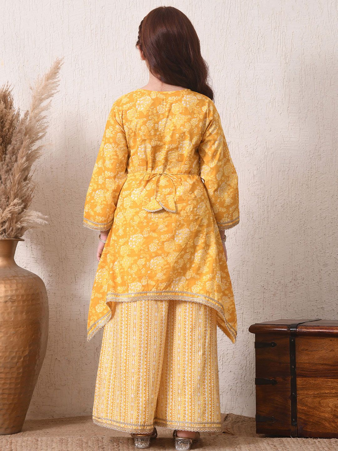 Indi Loom Couture Girls Yellow Floral Printed Kurta with Sharara Set ILKS77