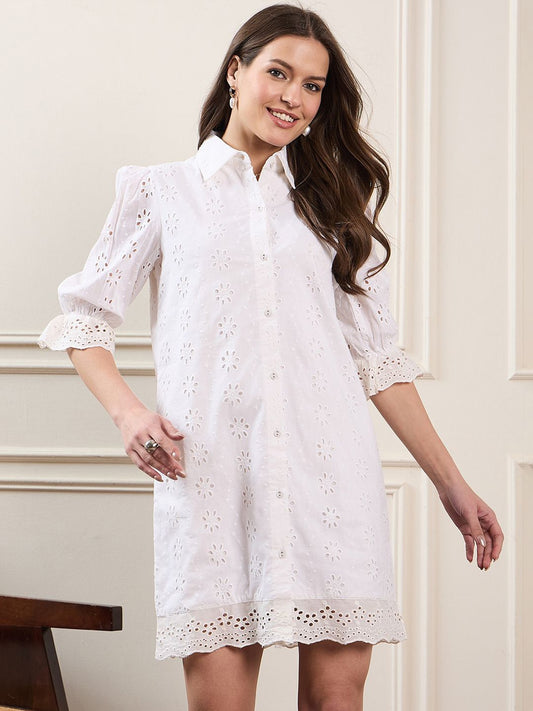 Zummer White Schiffli Puff Sleeves Mini Shirt Dress