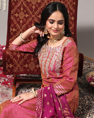 Varanga - Coral Embroidered Straight Kurta With Three-Quarter Sleeves Paired With Tonal Bottom And Dupatta