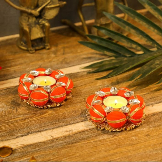 Handmade Orange Pompom Tealight Holder Diyas, Set of 4 | Vibrant Candle Holders for Diwali, Home Decor, Puja & Gifting