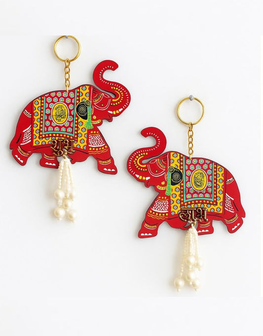 Wooden Shubh Labh Tags for Door Entrance, Red Elephant Toran - 1 Pair
