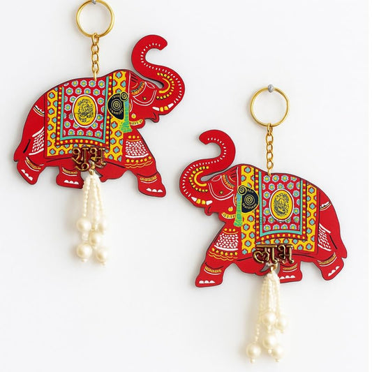 Wooden Shubh Labh Tags for Door Entrance, Red Elephant Toran Pair