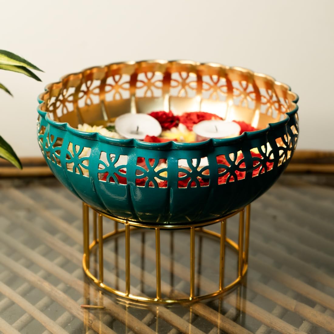 Green Urli Bowl with Stand for Home Décor & Table Decoration for Diwali Pooja and Other Festivals 1Pcs