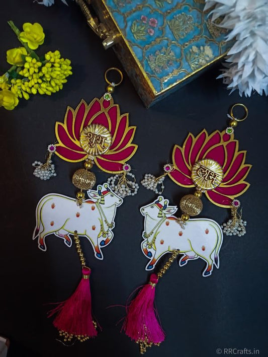 Sajja Handmade Lotus with Cow & Pink Tassel Style Hanging for Ganpati Decor and Diwali - 1 Pair