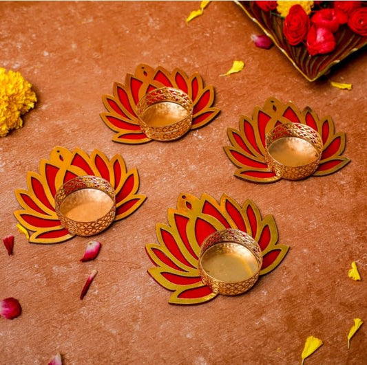 Rangoli Lotus Diya – Gold and Pink - 4 Pcs