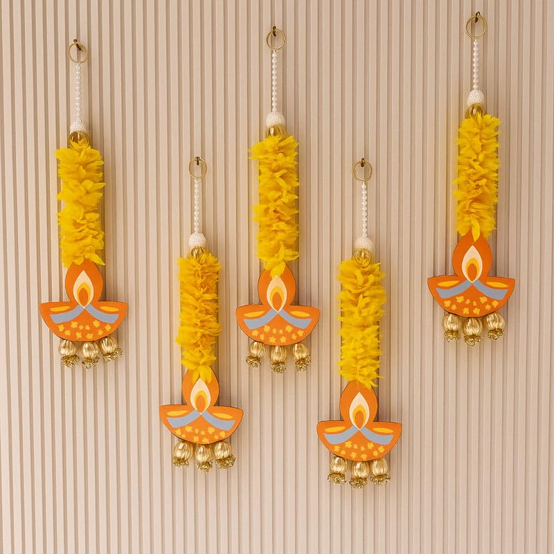 Jasmine Flower Hangings Set of 5 with MDF Diya (15 Inch) – Diwali Decoration