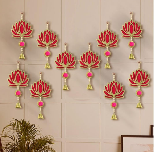 Lotus Hangings for Decoration - Pack of 10, Pink Color Door/Wall Decor, Mandir Pooja Room, Temple Décor - 9 Inch