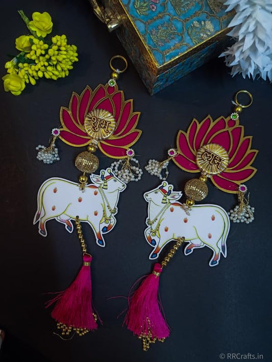 Handmade Lotus with Cow & Pink Tassel Style Hanging for Ganpati Decor and Diwali - 1 Pair