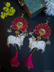 Handmade Lotus with Cow & Pink Tassel Style Hanging for Ganpati Decor and Diwali - 1 Pair