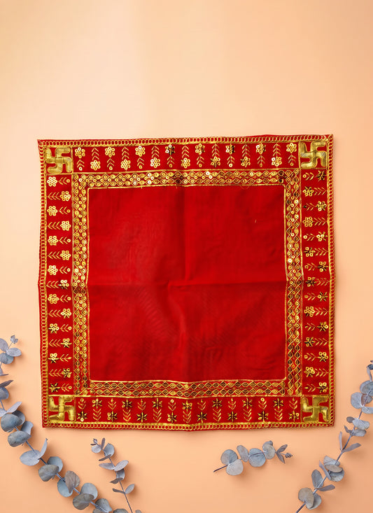Velvet Asan Flower Swastik Red 16x16 Inches
