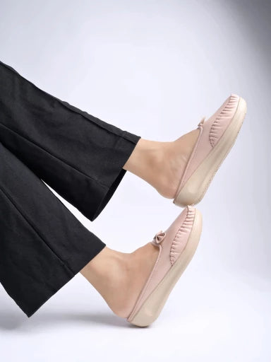 Shoetopia - Upper Bow Detailed Peach Slip-On Loafers For Women & Girls